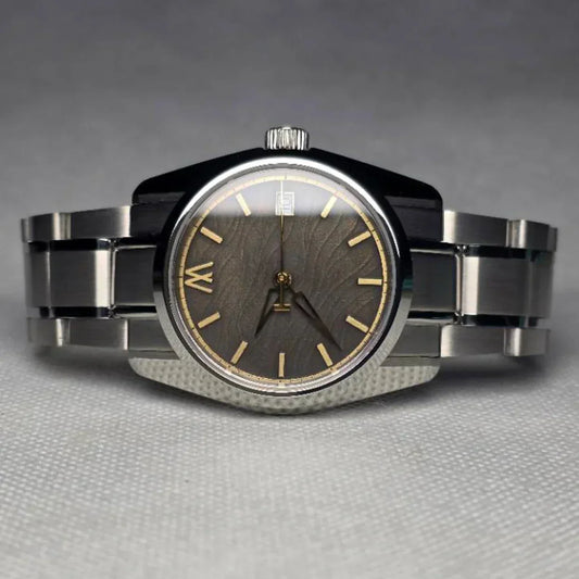 Meshberg Strata 36.5mm automatic watch with chemically darkened handmade dial and stainless steel bracelet