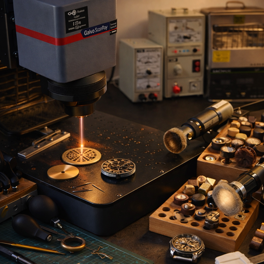 independent watchmaking workshop with laser engraver polishing tools ultrasonic cleaner and brass watch dial making equipment