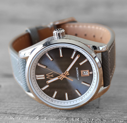 Meshberg 37 Automatic Black Eclipse with black textured dial, dark gray leather strap, and polished stainless steel case