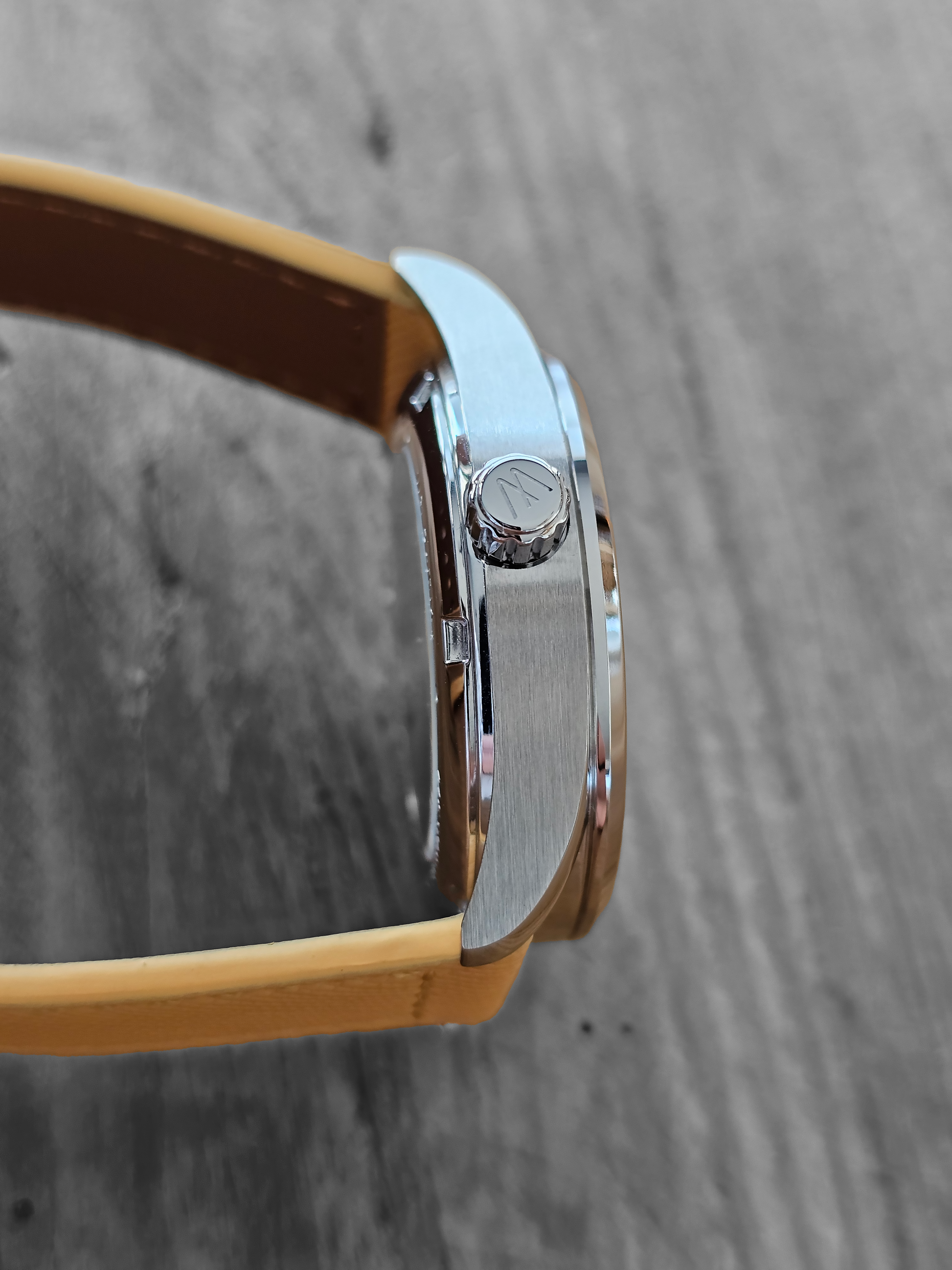Tan leather Meshberg watch strap with signed steel buckle