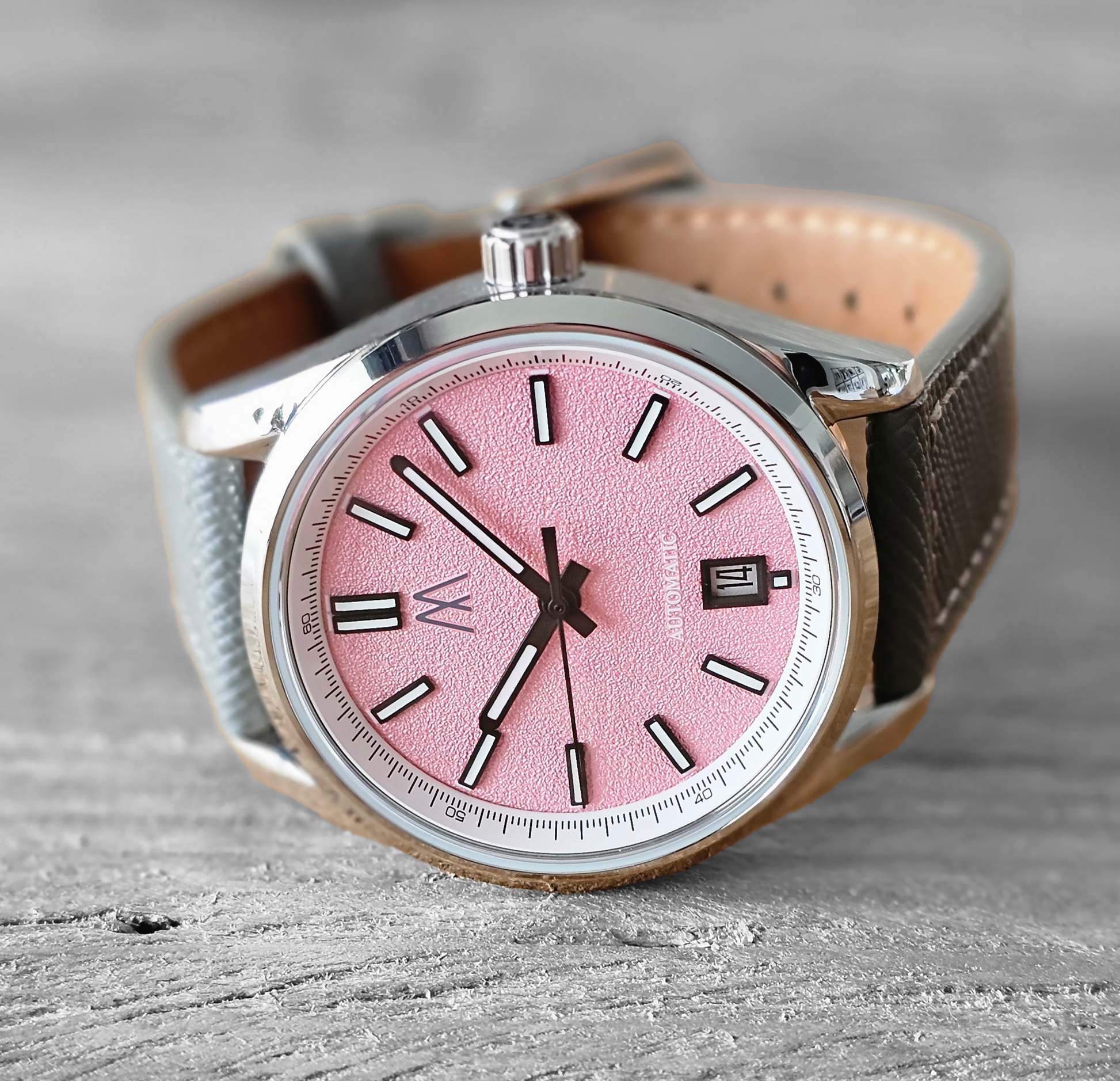 Meshberg 37 Twilight Pink automatic watch with pink dial and dark gray leather strap