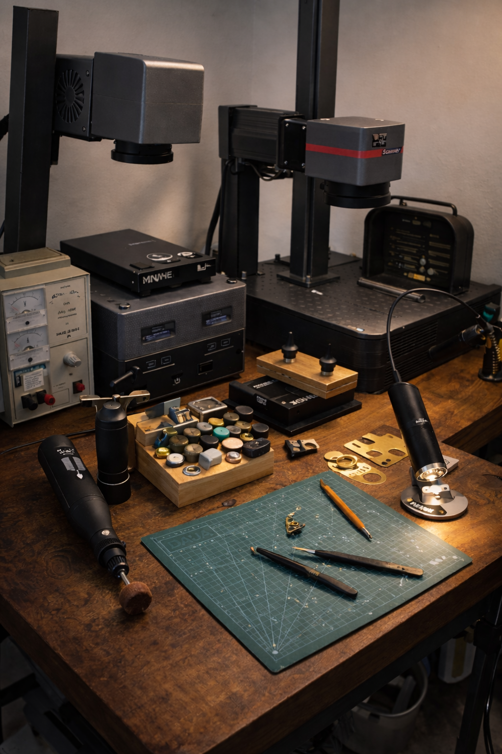 Meshberg mechanical watchmaking workshop with dial engraving tools, polishing equipment, and laser engraving machines.